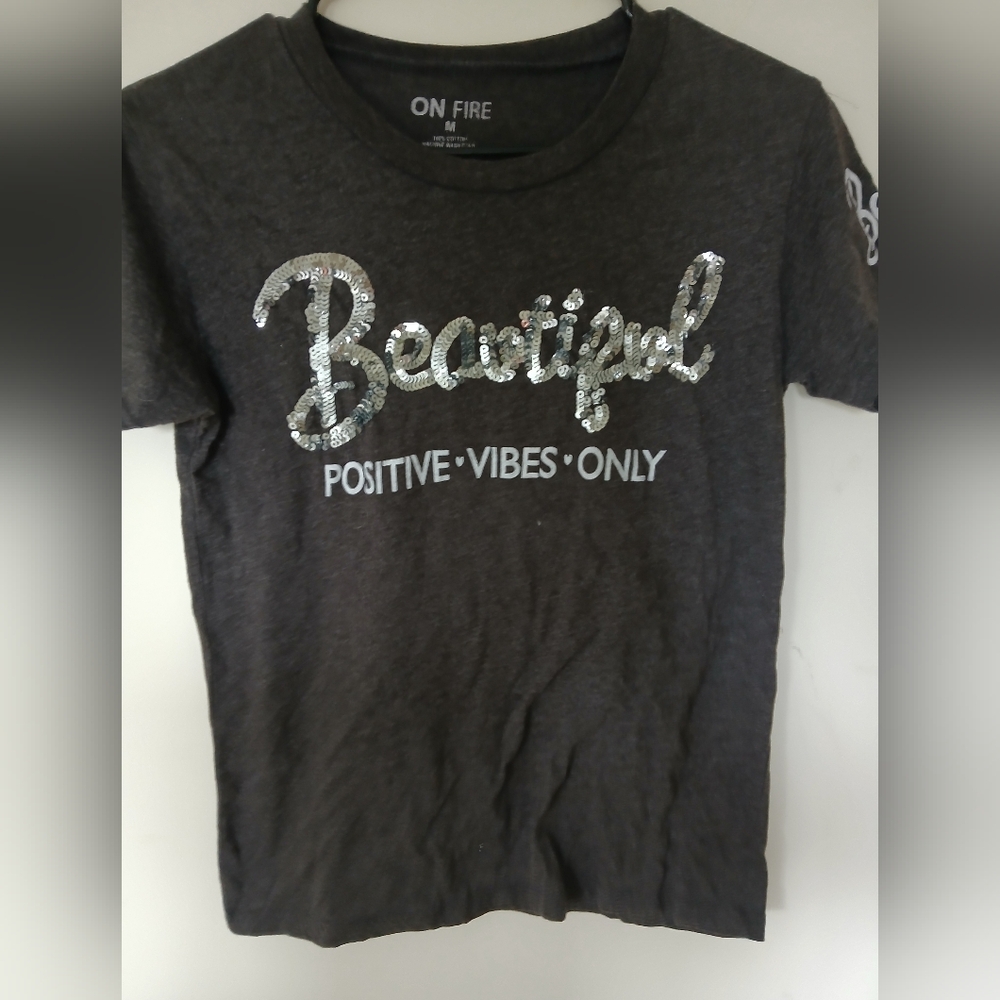 On Fire Charcoal Tee with Silver Sequin "Beautiful" Script